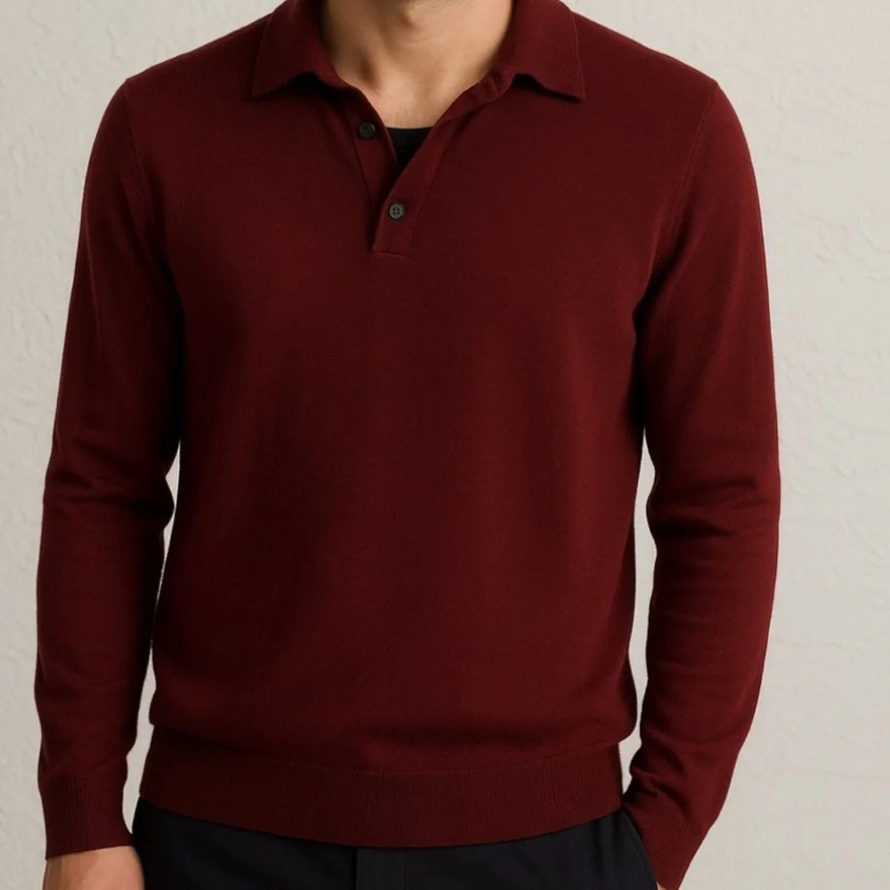 Hugo Boss Virgin Wool Polo V Neck Long Sleeve Maroon Large Soft Mens Sweater